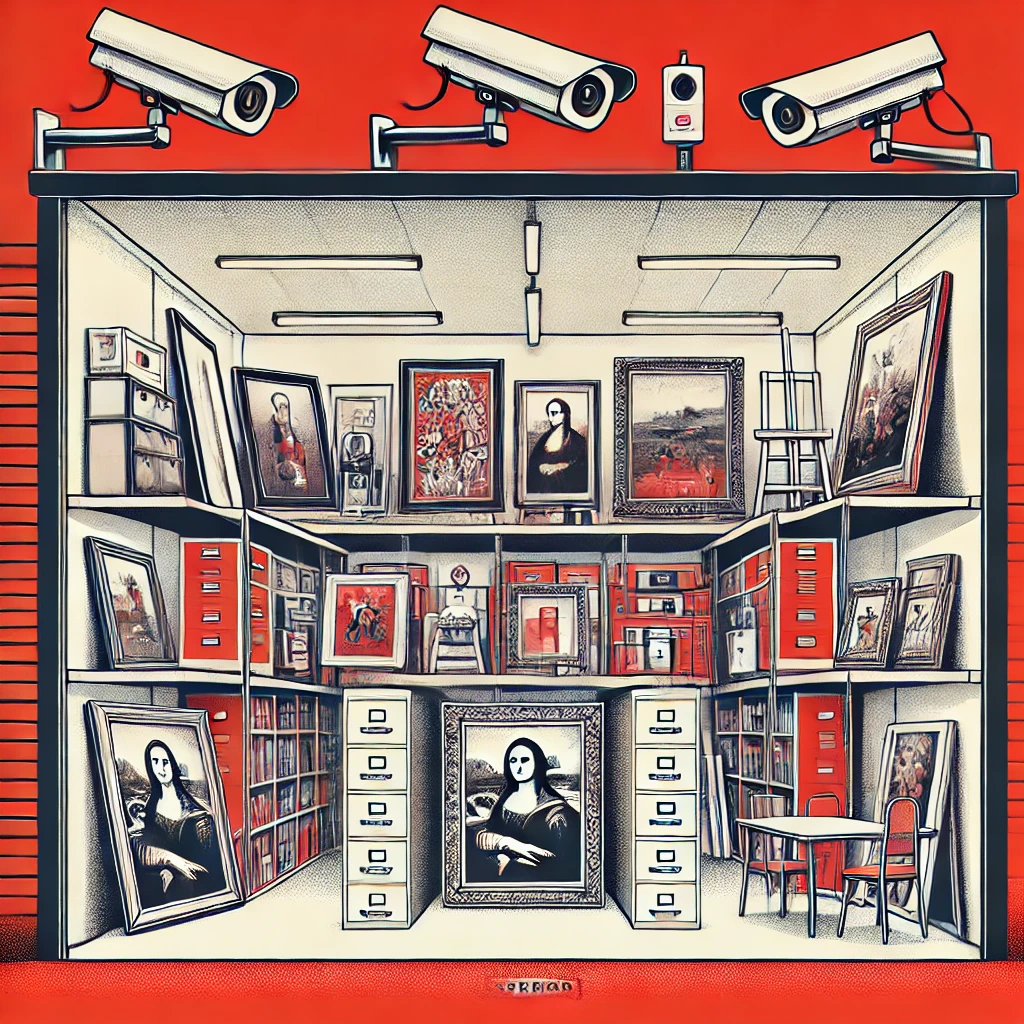 A well-organized self-storage unit filled with various art pieces like paintings and sculptures