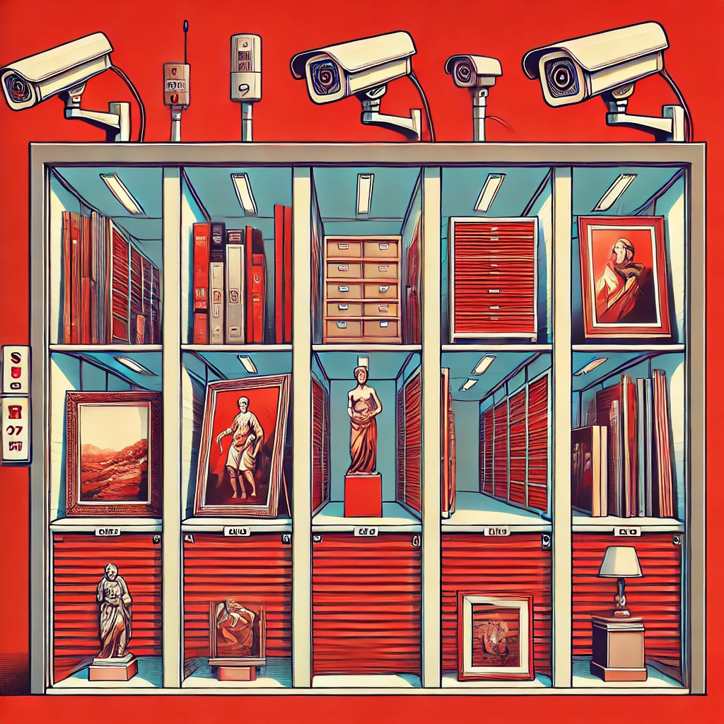 Unit sewa gudang self-storage yang terorganisir dengan berbagai karya seni seperti lukisan dan patung