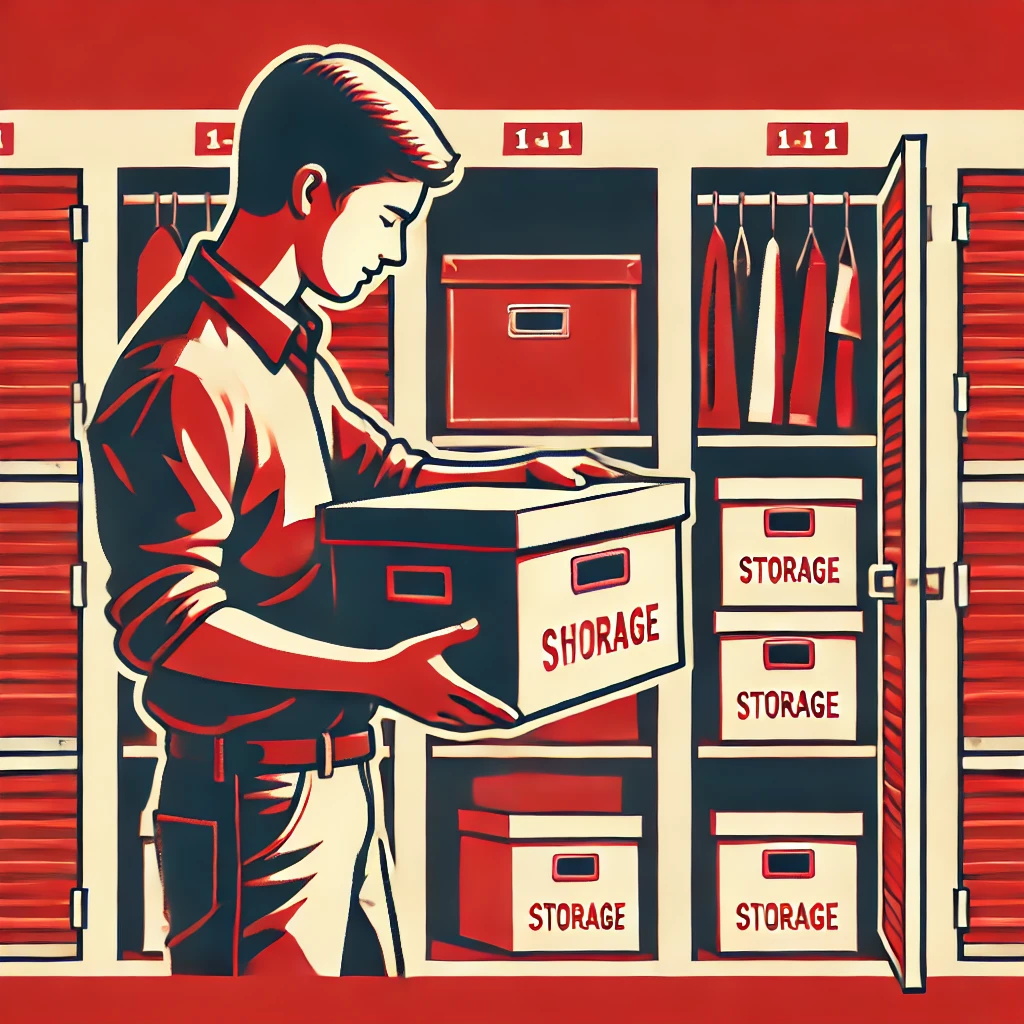 seorang mahasiswa yang sedang mengatur kotak penyimpanannya di unit sewa gudang self-storage