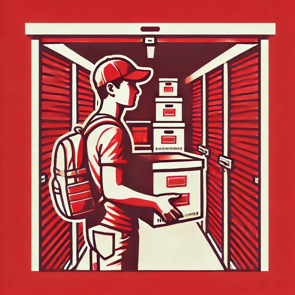 seorang mahasiswa yang sedang mengatur kotak penyimpanannya di unit sewa gudang self-storage