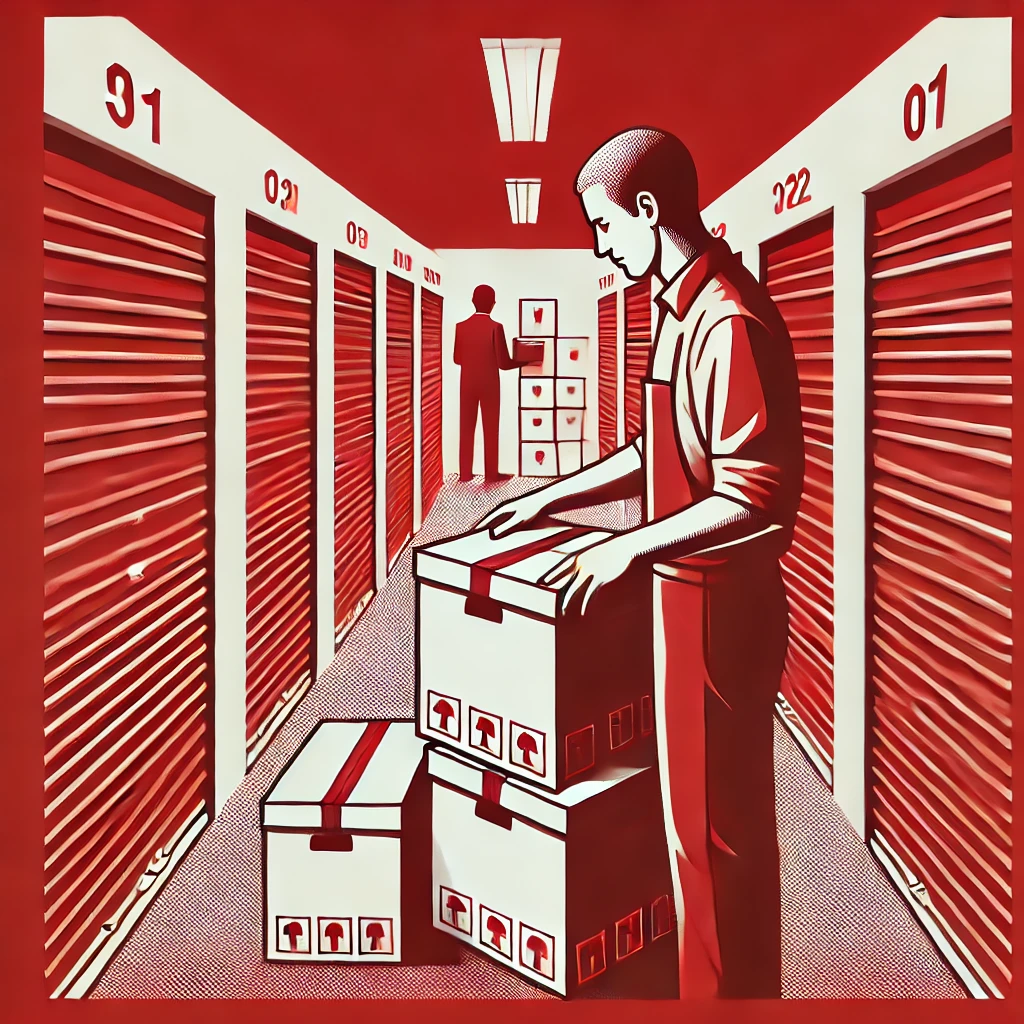 A person is organizing boxes inside a self-storage unit.