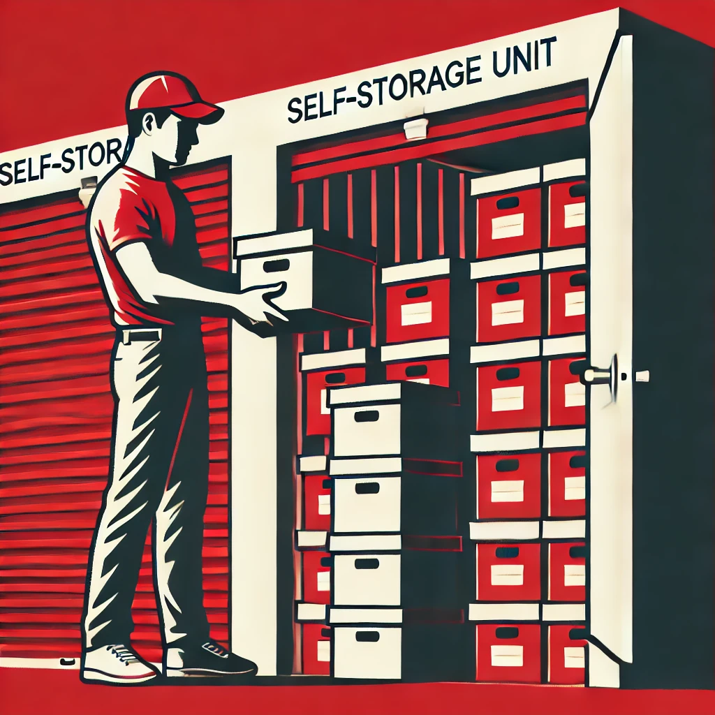 Seorang individu yang sedang mengatur kotak-kotak di dalam unit self-storage