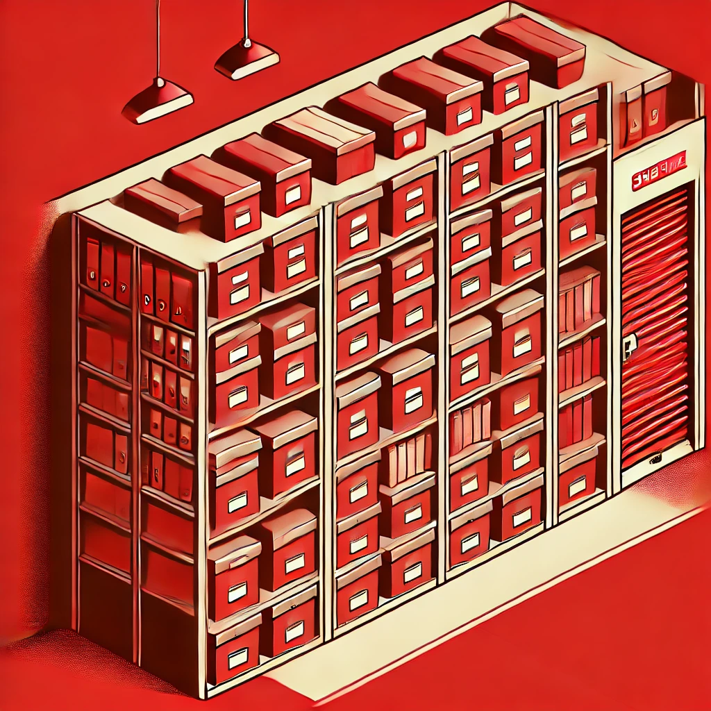 Beberapa kotak penyimpanan dokumen yang tertata rapi di rak penyimpanan dalam sebuah unit self storage yang aman dan terorganisir