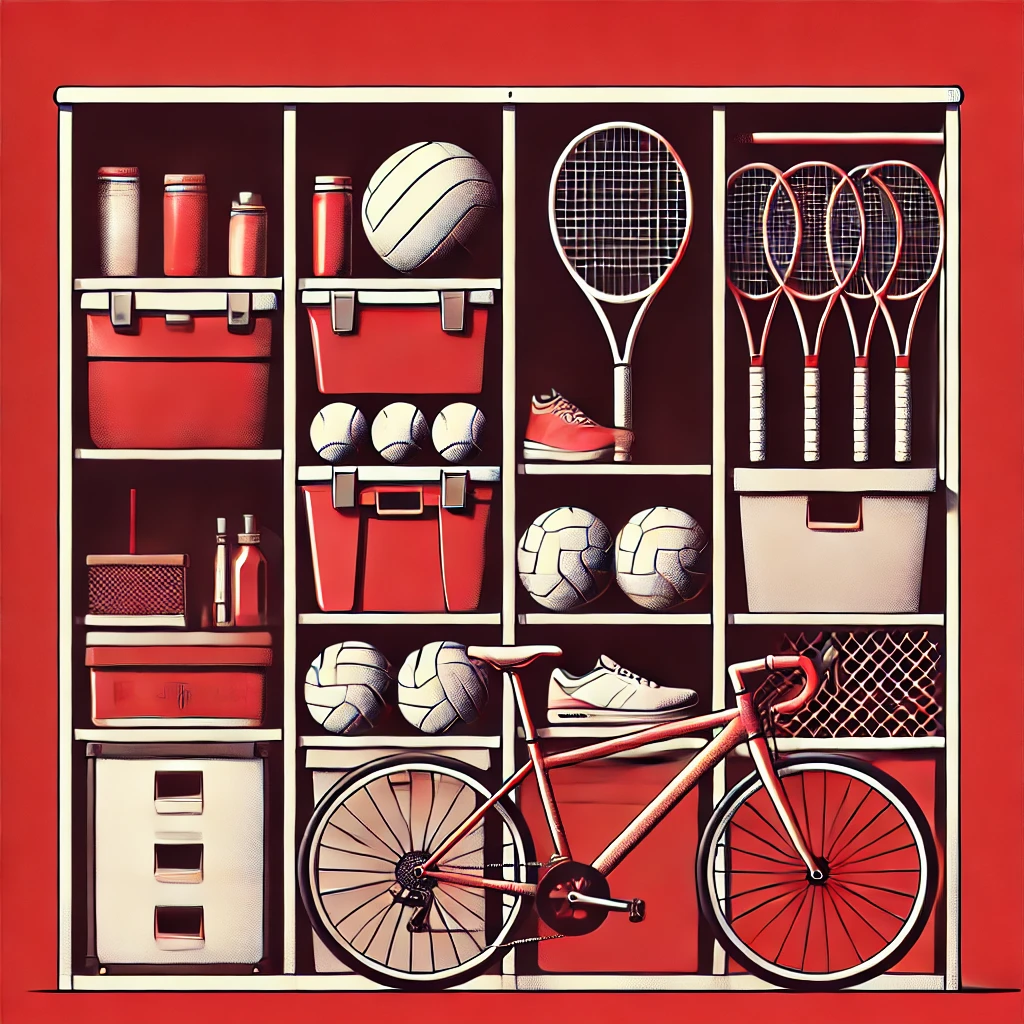 Various sports equipment such as balls, rackets, and bicycles neatly arranged in a self-storage unit