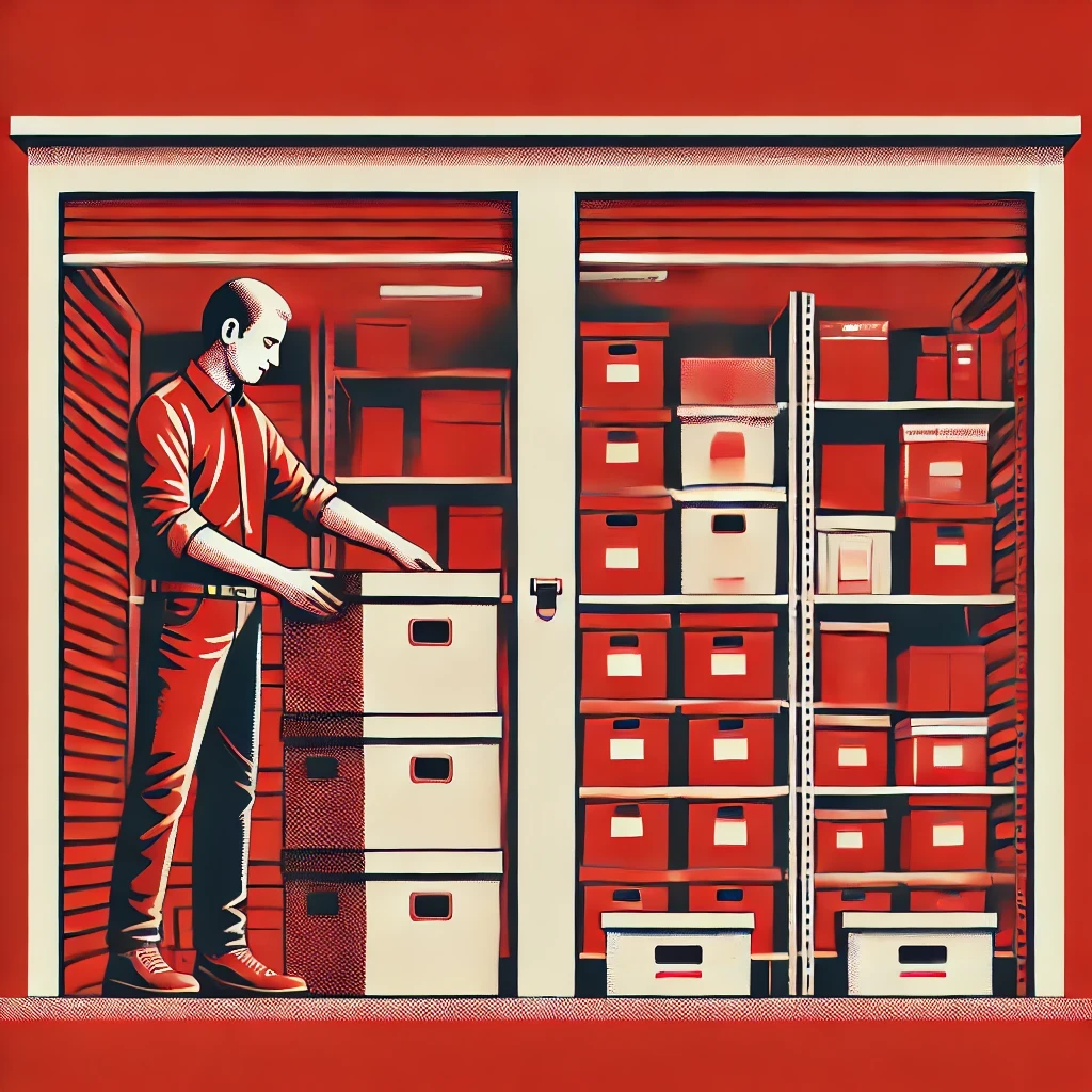 Pemilik usaha kecil yang sedang mengatur barang-barangnya di dalam unit sewa gudang self-storage