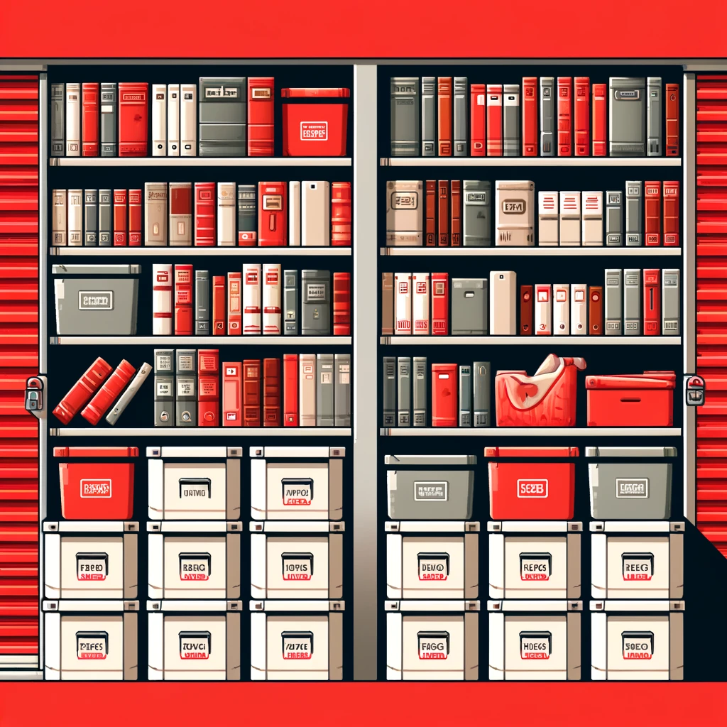 Various types of books neatly arranged in storage boxes in a self-storage rental unit.
