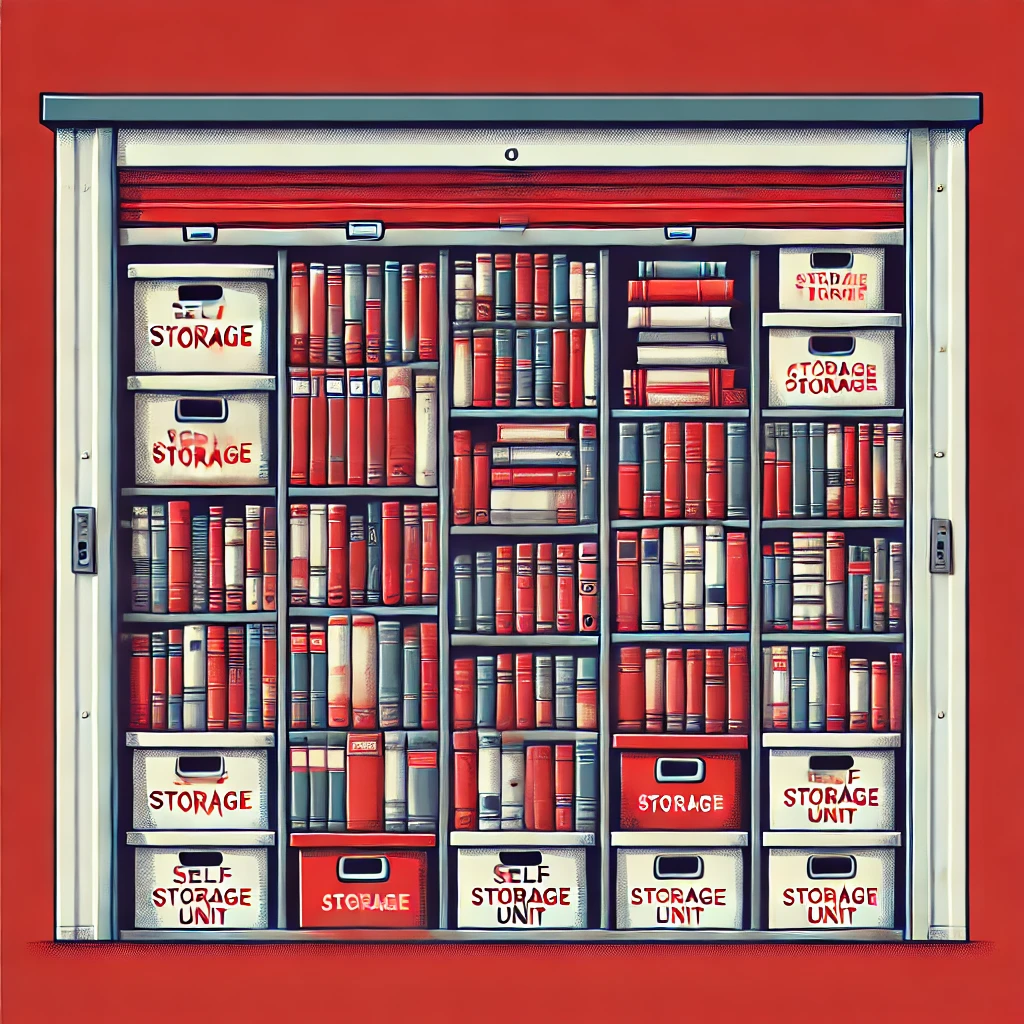 Berbagai jenis buku tersusun rapi dalam kotak penyimpanan di unit sewa gudang self storage