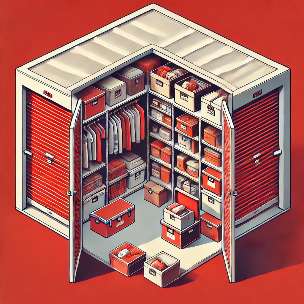 An open self storage unit, filled with neatly arranged and organized items.