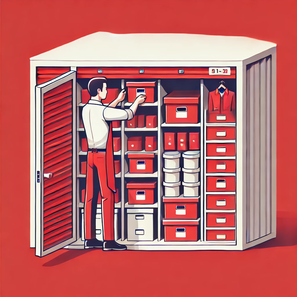 Seorang pemilik toko sedang mengatur berbagai barang dagangan di dalam unit sewa gudang self-storage yang terorganisir rapi