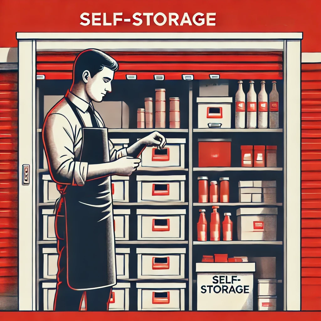 A shop owner is organizing various merchandise in a neatly arranged self-storage unit