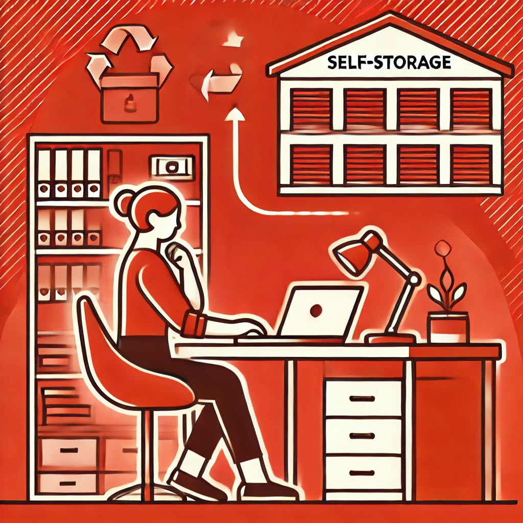 seorang freelancer sedang bekerja di ruang kerja yang rapi dan terorganisir, dengan simbol unit sewa gudang self storage di latar belakang