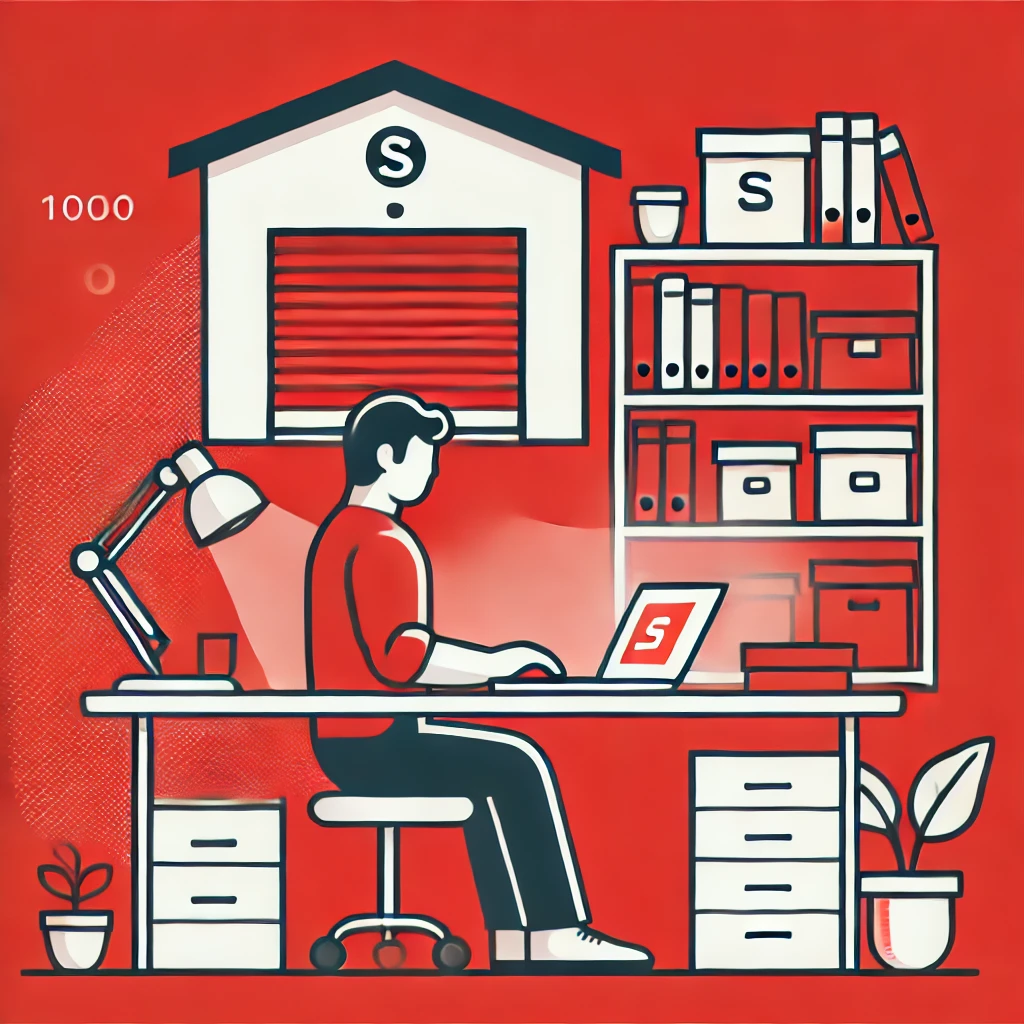 A freelancer works in a neat and organized workspace with a self-storage rental unit symbol in the background.