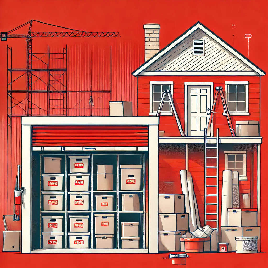 A house undergoing renovation, with boxes and furniture neatly stored in a secure self-storage unit.