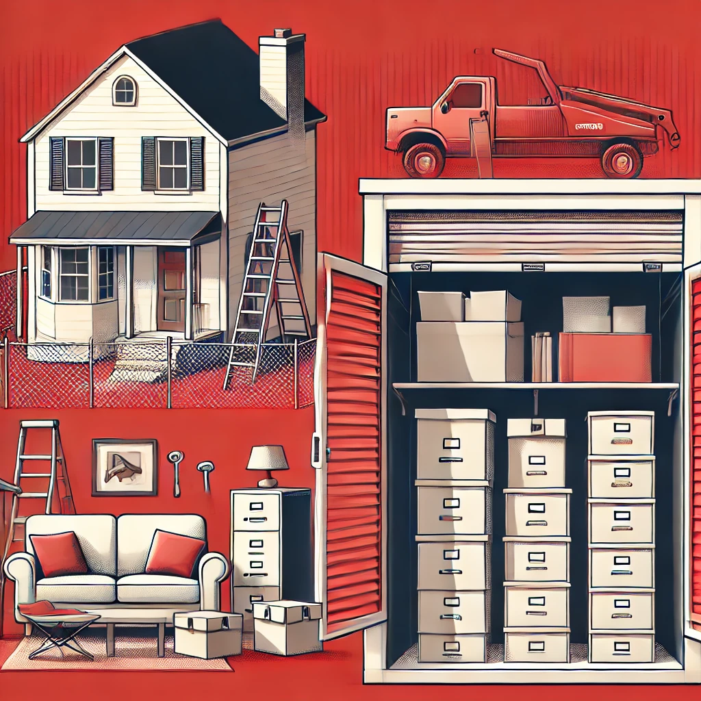 rumah yang sedang dalam proses renovasi, dengan kotak-kotak barang dan perabotan yang tersimpan rapi di unit self storage yang aman