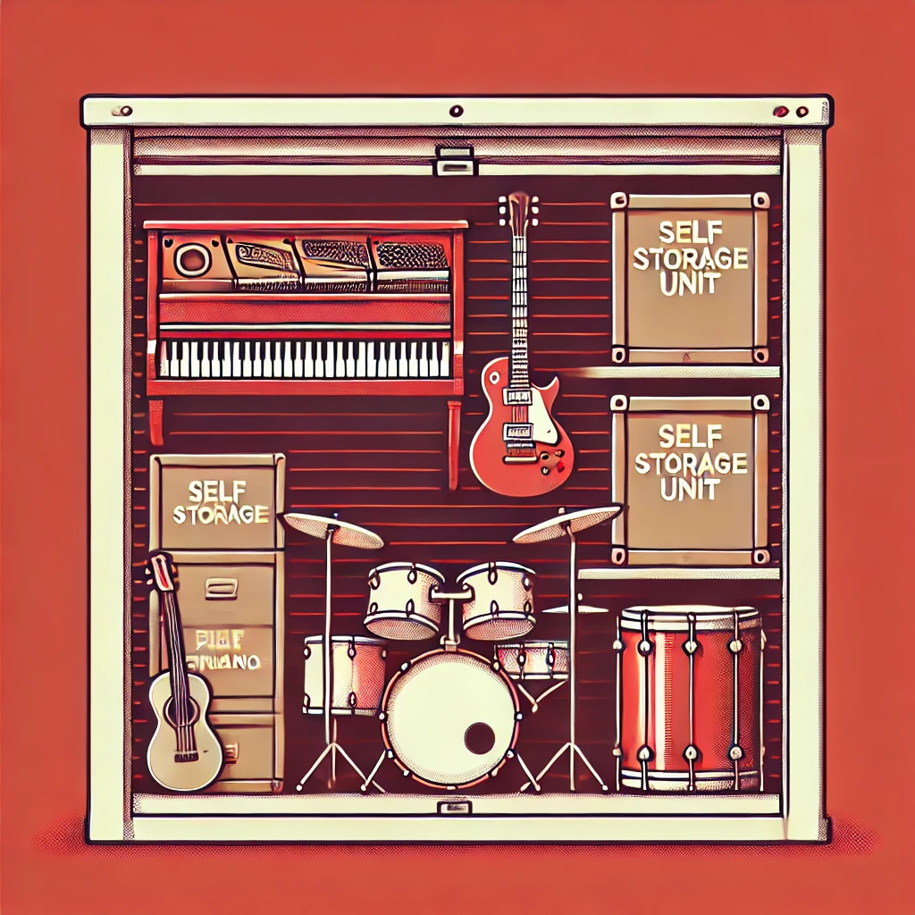 Musical instruments such as guitars, pianos, and drums neatly arranged in a self-storage unit.