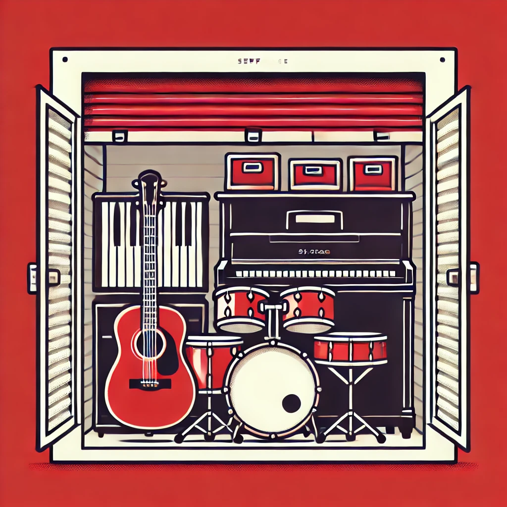 alat musik seperti gitar, piano, dan drum yang tersusun rapi dalam unit penyimpanan sewa gudang self-storage