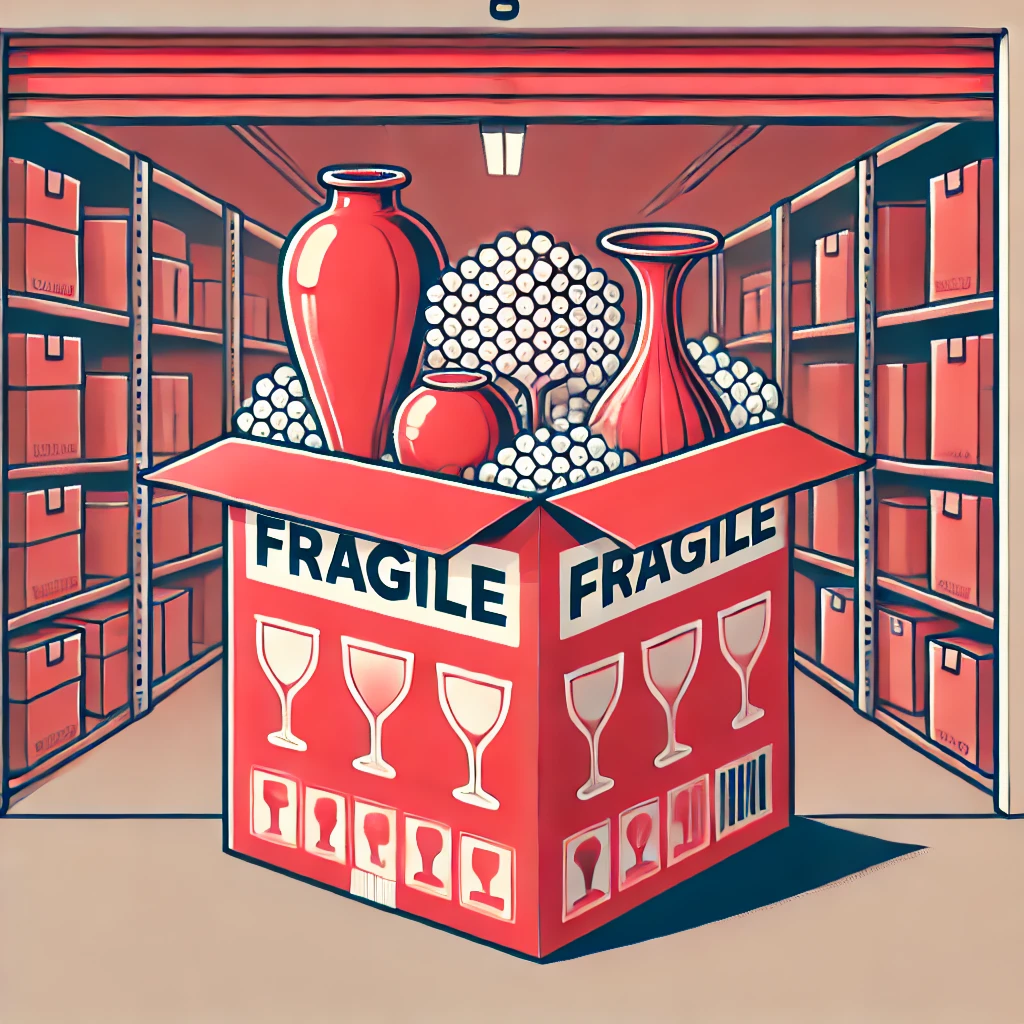 Kotak penyimpanan dengan label "Pecah Belah", dimana ada bubble wrap dan barang-barang kaca seperti vas dan piring yang sedang disimpan di dalam unit sewa gudang self storage.