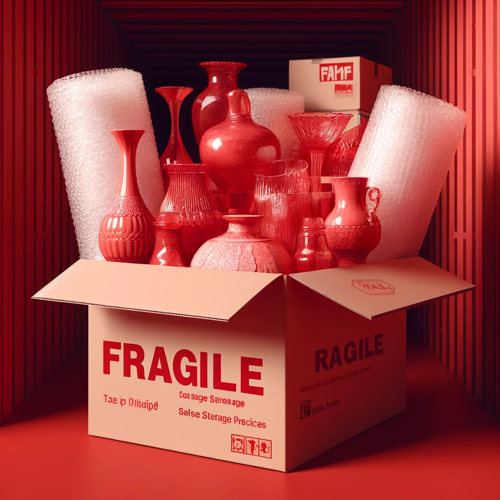 A storage box labeled "Fragile," containing bubble wrap and glass items such as vases and plates, being stored in a self-storage rental unit.