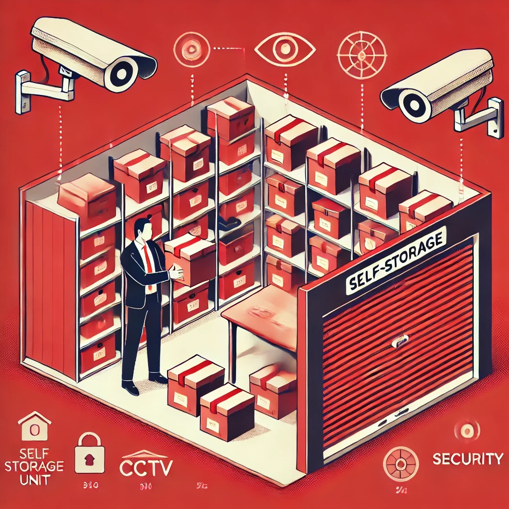 A business owner organizing items in a self-storage rental unit with organized shelves, labeled boxes, and security symbols like CCTV surrounding the area.