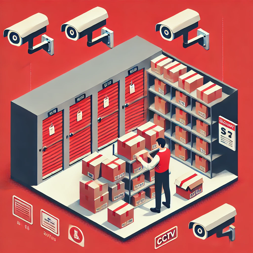 Seorang pemilik usaha yang sedang menyusun barang-barang di unit sewa gudang self storage dengan rak terorganisir, kotak-kotak berlabel, dan simbol keamanan seperti CCTV di sekelilingnya.