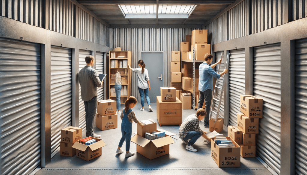 A family organizes their belongings in a safe, well-organized self-storage unit, with neatly arranged items like boxes, documents, and furniture.