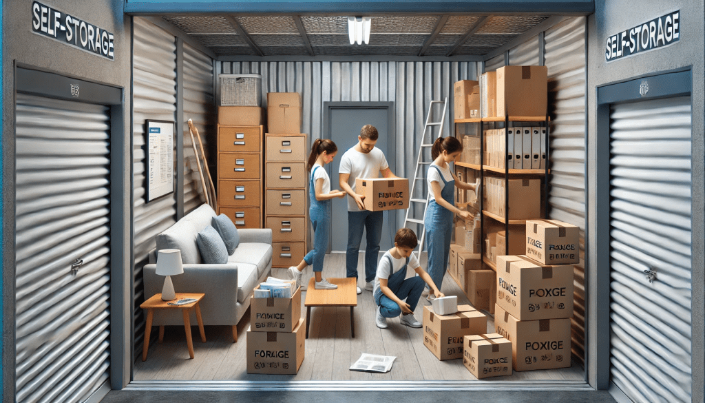 Sebuah keluarga yang sedang menyusun barang-barang mereka di dalam unit sewa Gudang self storage yang aman dan terorganisir, dengan barang-barang seperti kotak, dokumen, dan perabotan yang tersusun rapi.