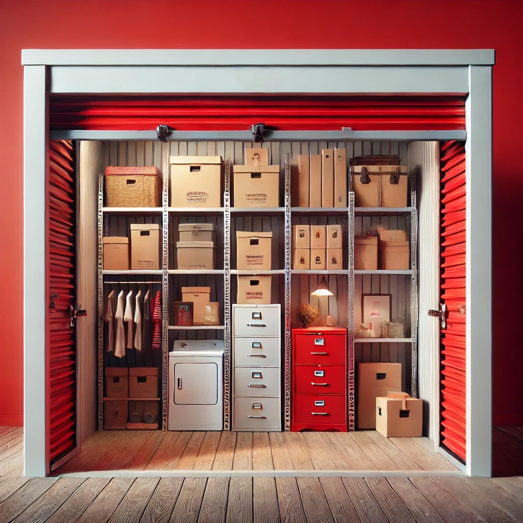 Self storage yang terlihat rapi dan aman, dengan berbagai barang seperti kotak, perabotan, dan barang musiman yang tersimpan di dalamnya