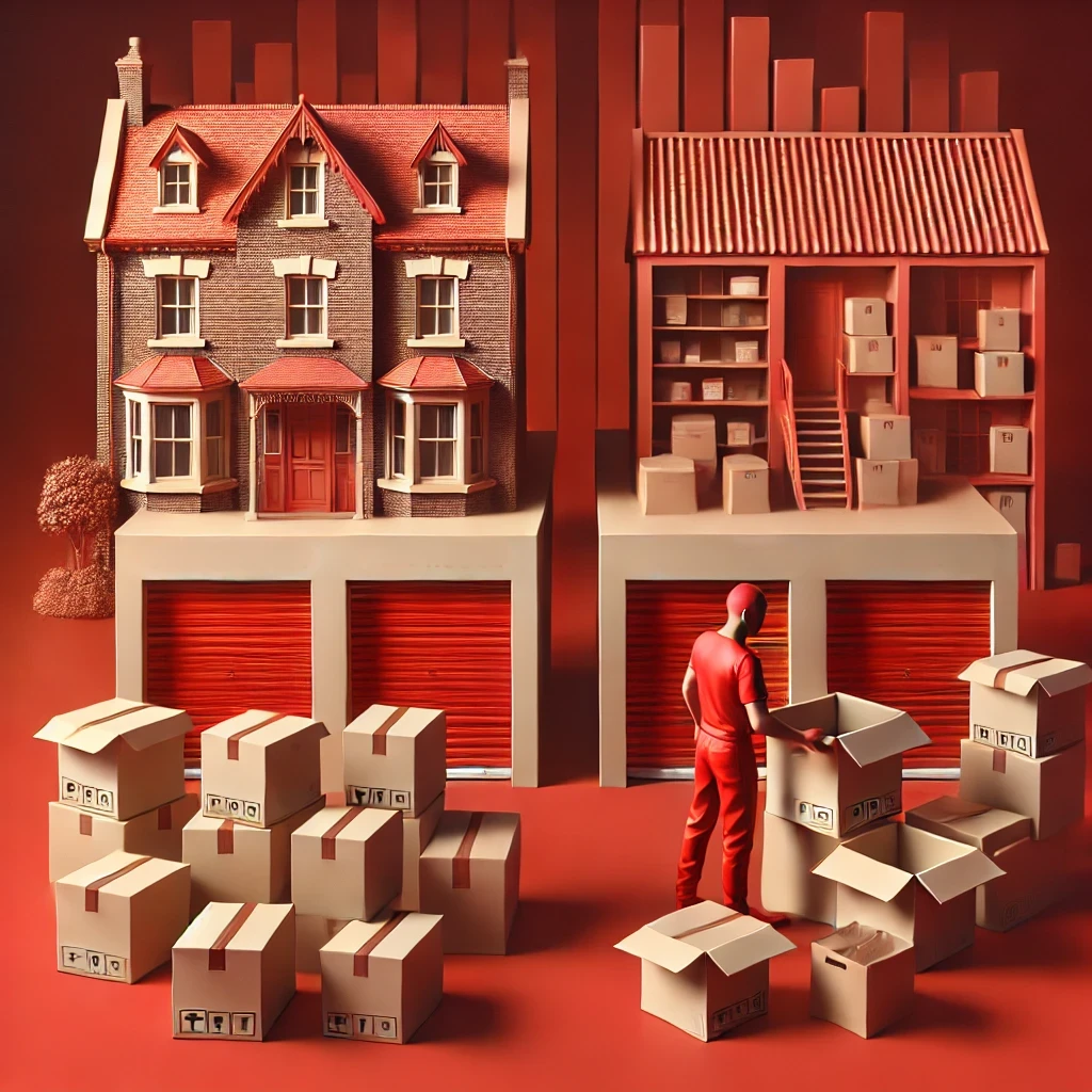 A person packing and organizing boxes in a self-storage rental unit.