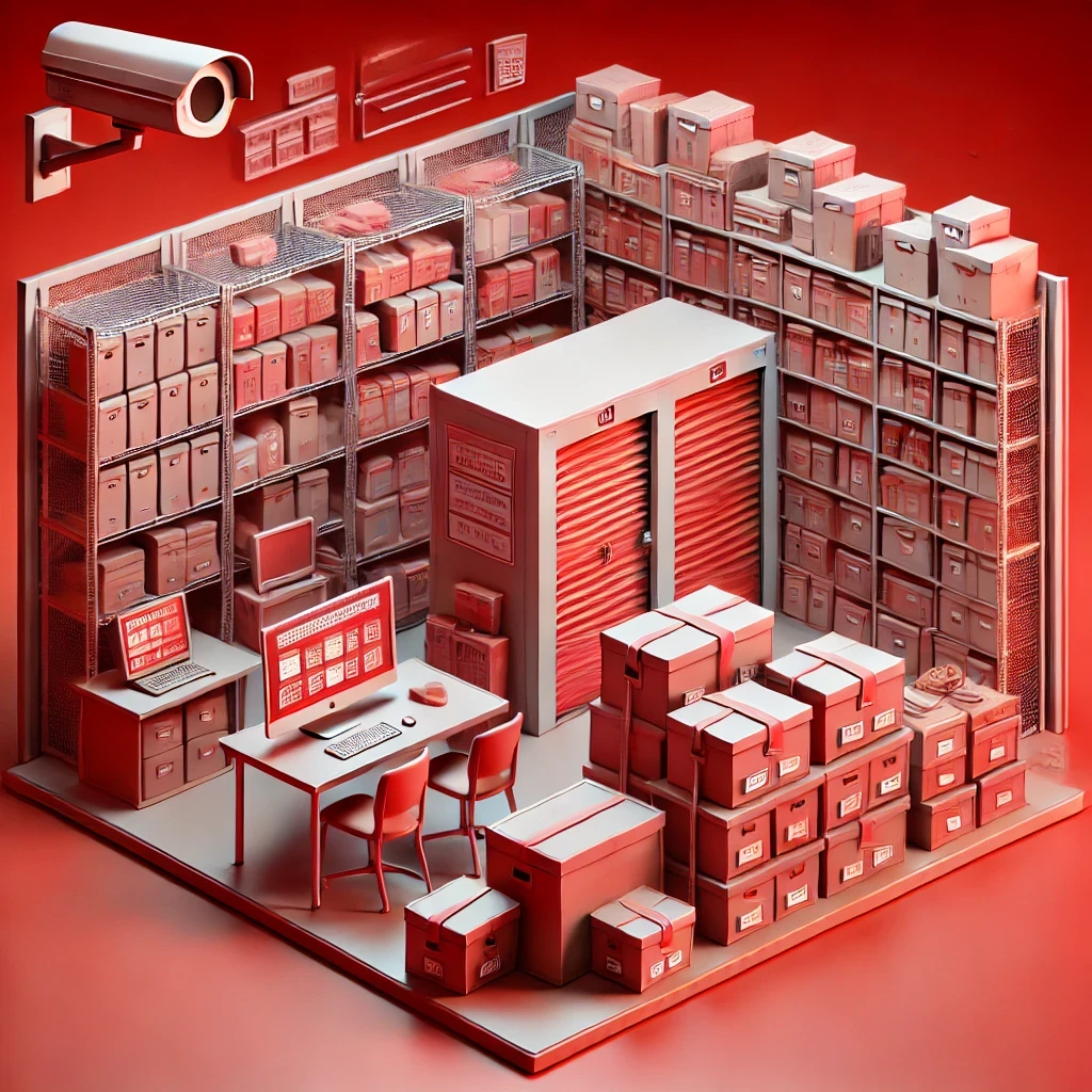 Menampilkan sebuah unit self storage dengan berbagai barang bisnis, seperti kotak berlabel, rak penyimpanan, dan dokumen terorganisir dengan rapi, serta simbol keamanan seperti CCTV di latar belakang.