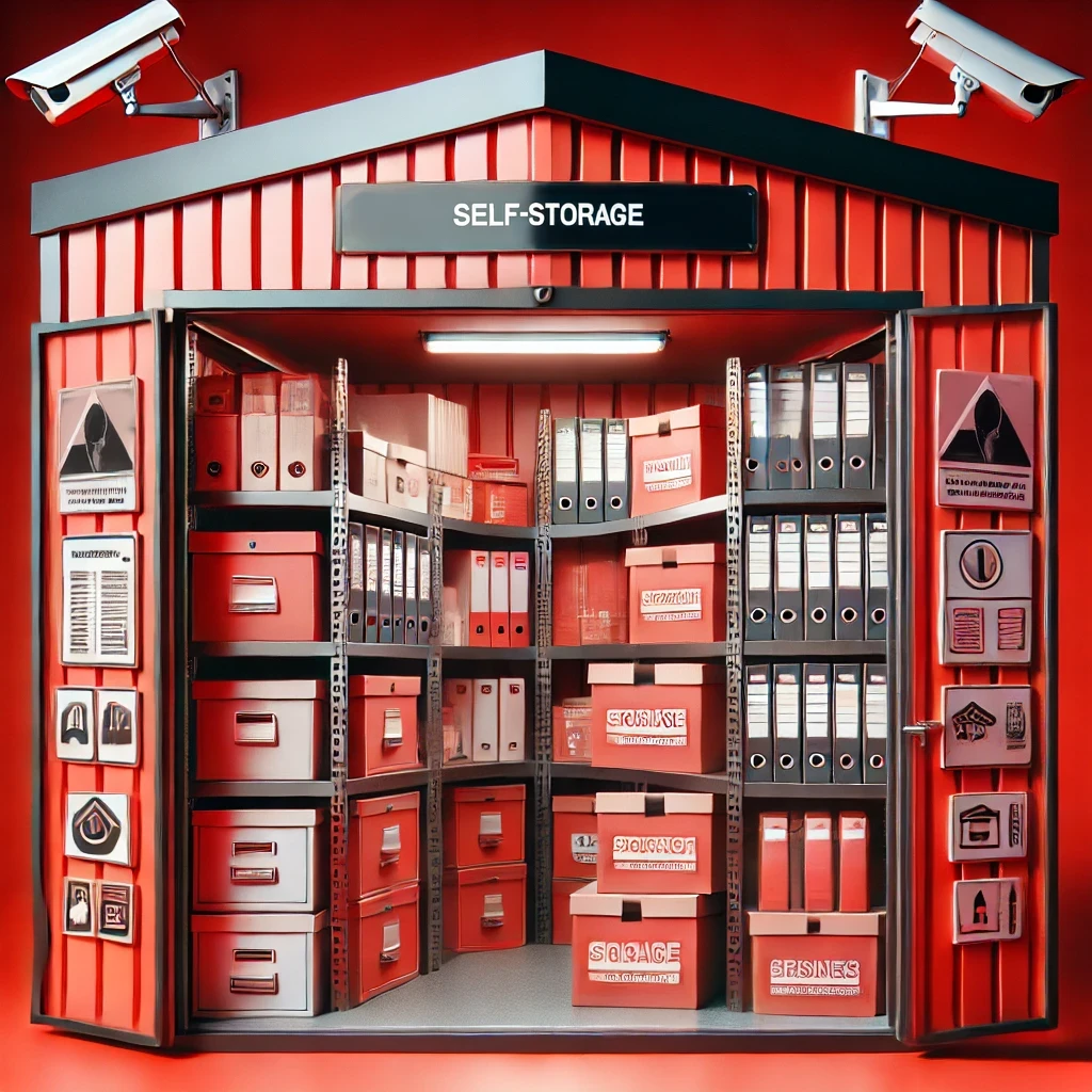 A realistic image dominated by red, showing a self-storage unit filled with various business items such as boxes, storage racks, and neatly organized