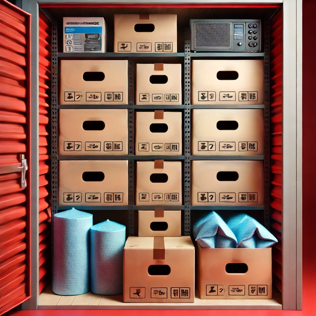 Unit sewa gudang self-storage yang terorganisir dengan rapi, dilengkapi alat penyerap kelembapan dan barang elektronik yang dibungkus pelindung.