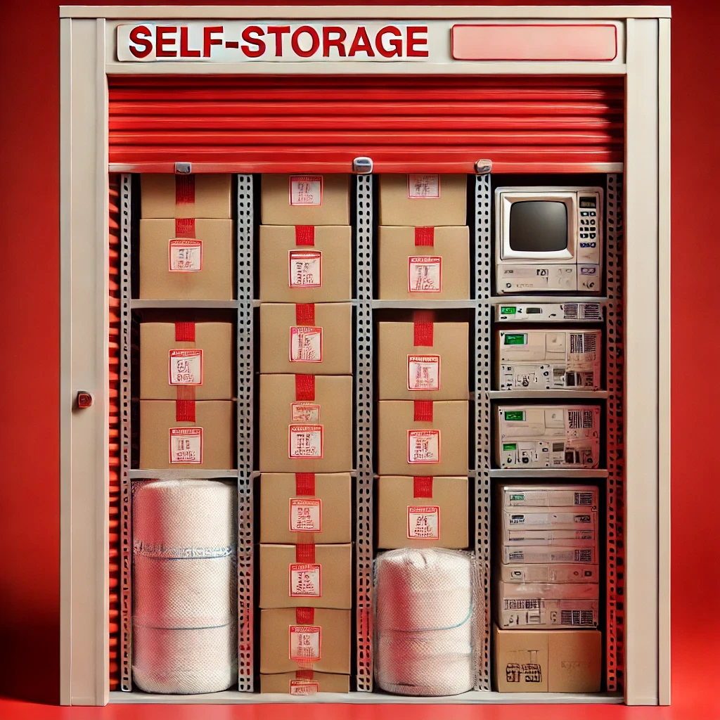 A neatly organized self-storage rental unit, equipped with moisture absorbers and wrapped electronics.