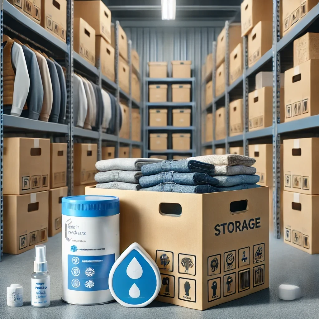 Kotak-kotak penyimpanan berlabel dengan pakaian tersusun rapi di dalamnya, lengkap dengan pengharum pakaian dan alat penyerap kelembapan.