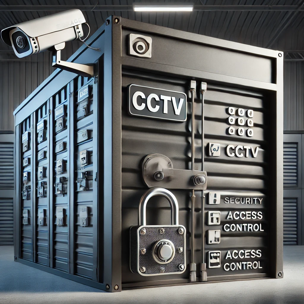 Unit sewa gudang self storage dengan gembok kuat di pintu, simbol CCTV, dan sistem kontrol akses, menggambarkan keamanan dan perlindungan maksimal untuk barang-barang yang disimpan.
