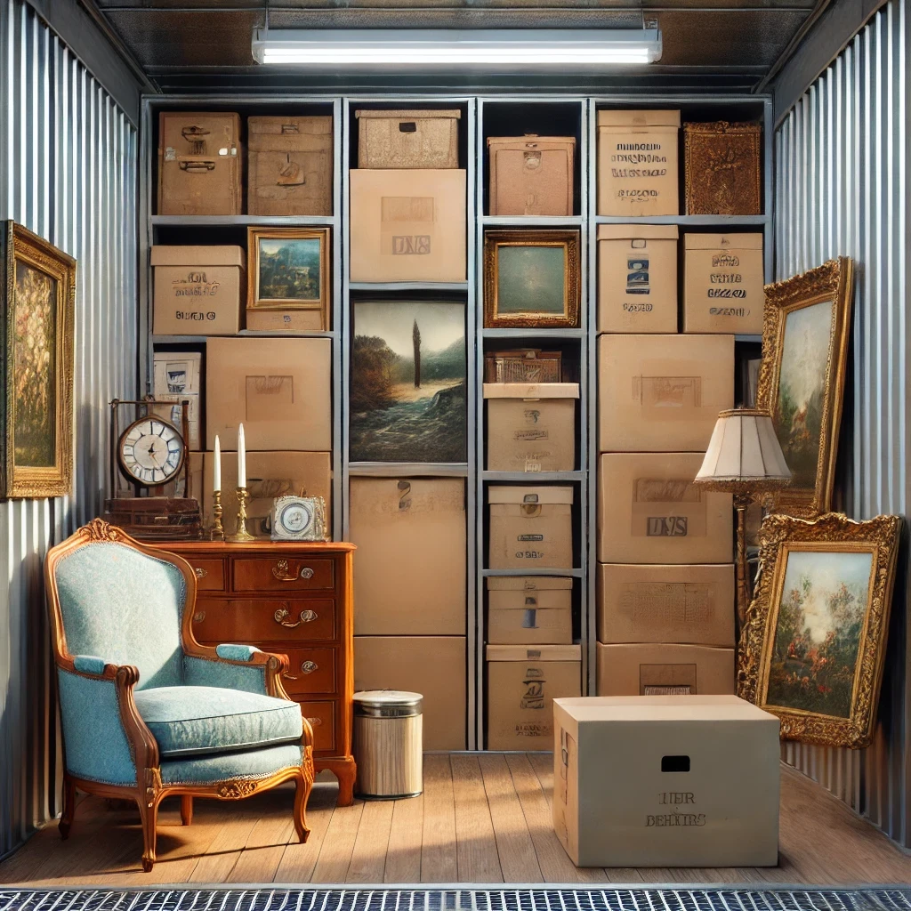 Unit sewa gudang self storage dengan barang-barang warisan seperti furnitur antik, lukisan, dan kotak berlabel, semuanya tersusun rapi di dalam rak.