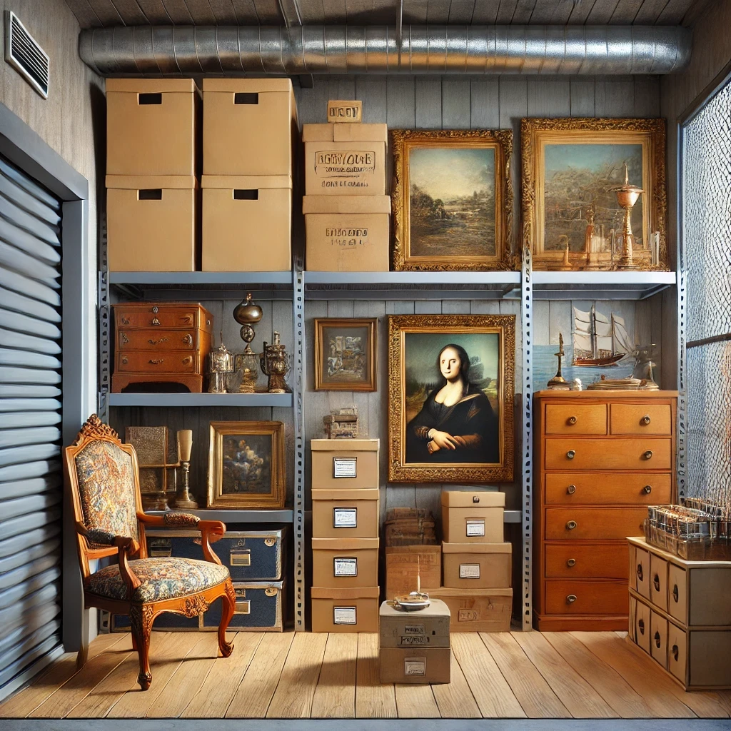 A self-storage rental unit with heirloom items such as antique furniture, paintings, and labeled boxes, all neatly arranged on storage shelves.