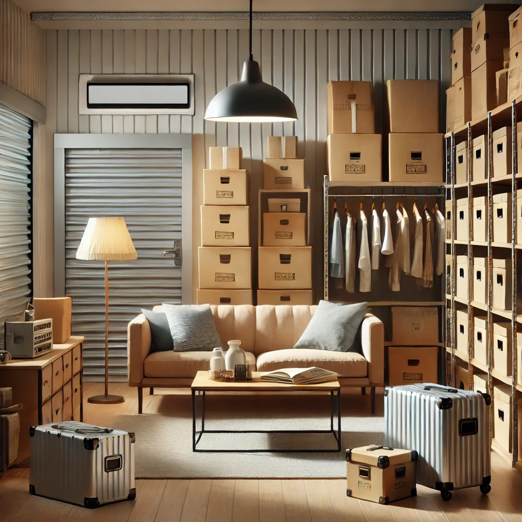 Unit sewa gudang self storage dengan berbagai barang seperti kotak, perabotan, yang tersusun rapi.