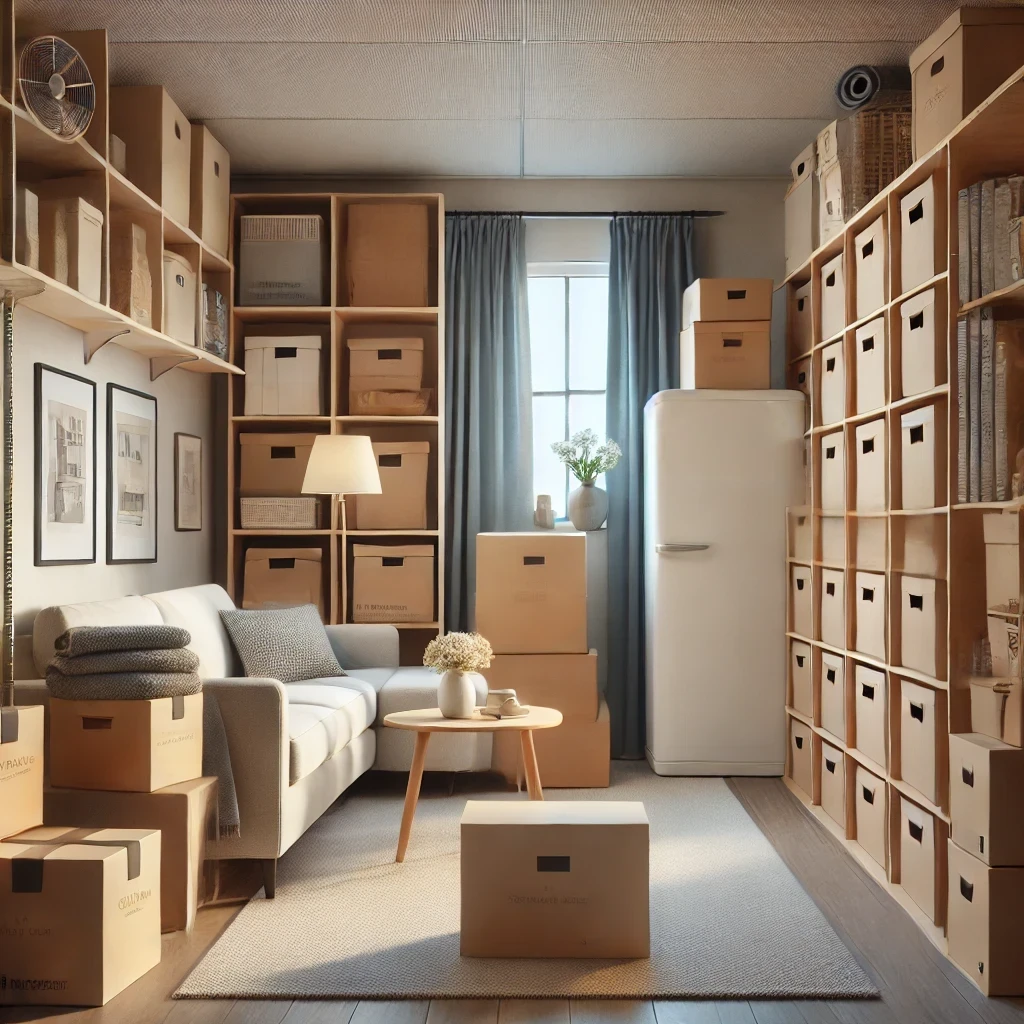 A self-storage rental unit with various items like boxes and furniture, neatly arranged.