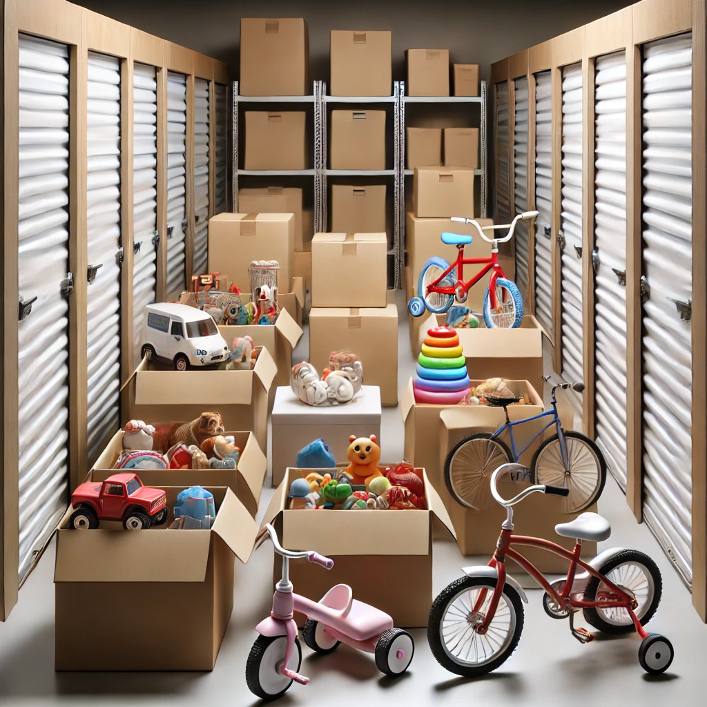 Kotak-kotak penyimpanan dengan mainan anak yang tersusun rapi di dalamnya, serta mainan besar seperti sepeda atau mobil mainan yang teratur di rak penyimpanan.