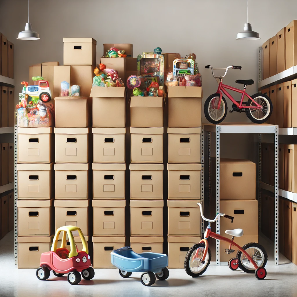 Storage boxes neatly arranged with children's toys inside, along with larger toys like bicycles or ride-on cars organized on storage shelves.