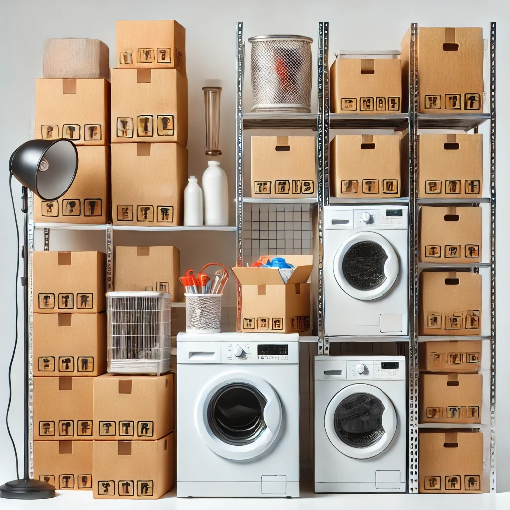 Unit sewa gudang self storage dengan peralatan rumah tangga seperti pemanas ruangan, mesin cuci, dan kotak berlabel tersusun rapi di rak penyimpanan.