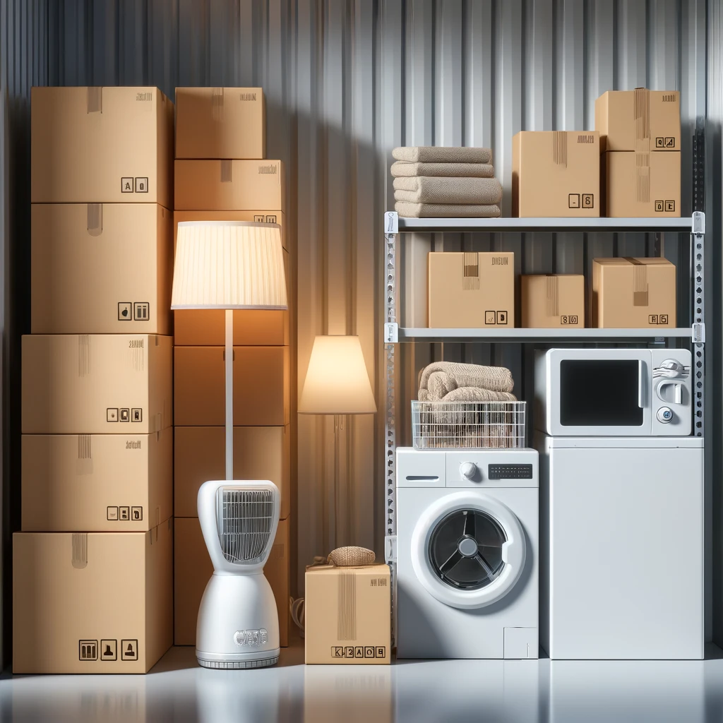 A self-storage rental unit organized with household appliances such as a heater, washing machine, and labeled boxes neatly arranged on storage racks.