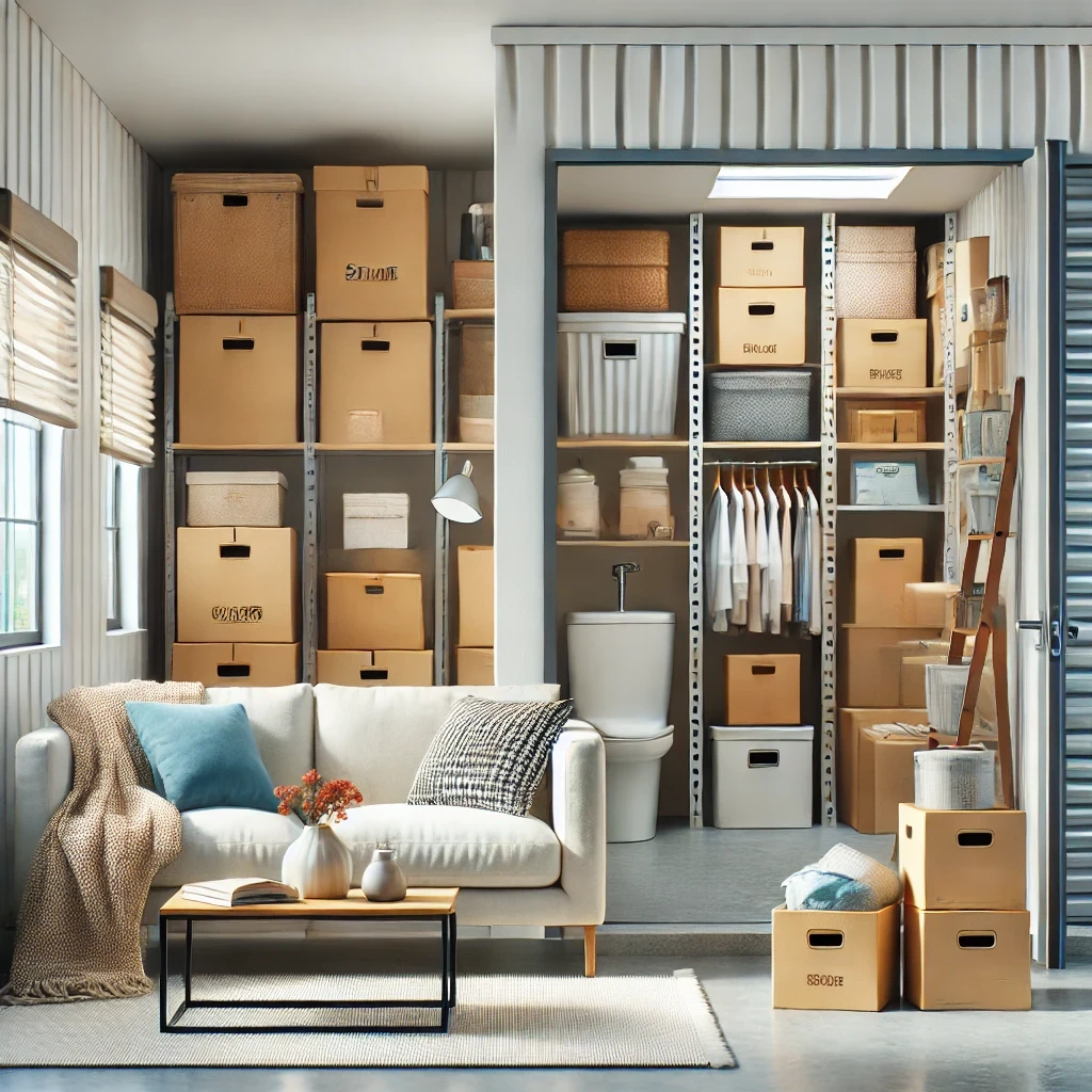 Rumah yang rapi dengan beberapa kotak dan peralatan disimpan di unit sewa gudang self storage.