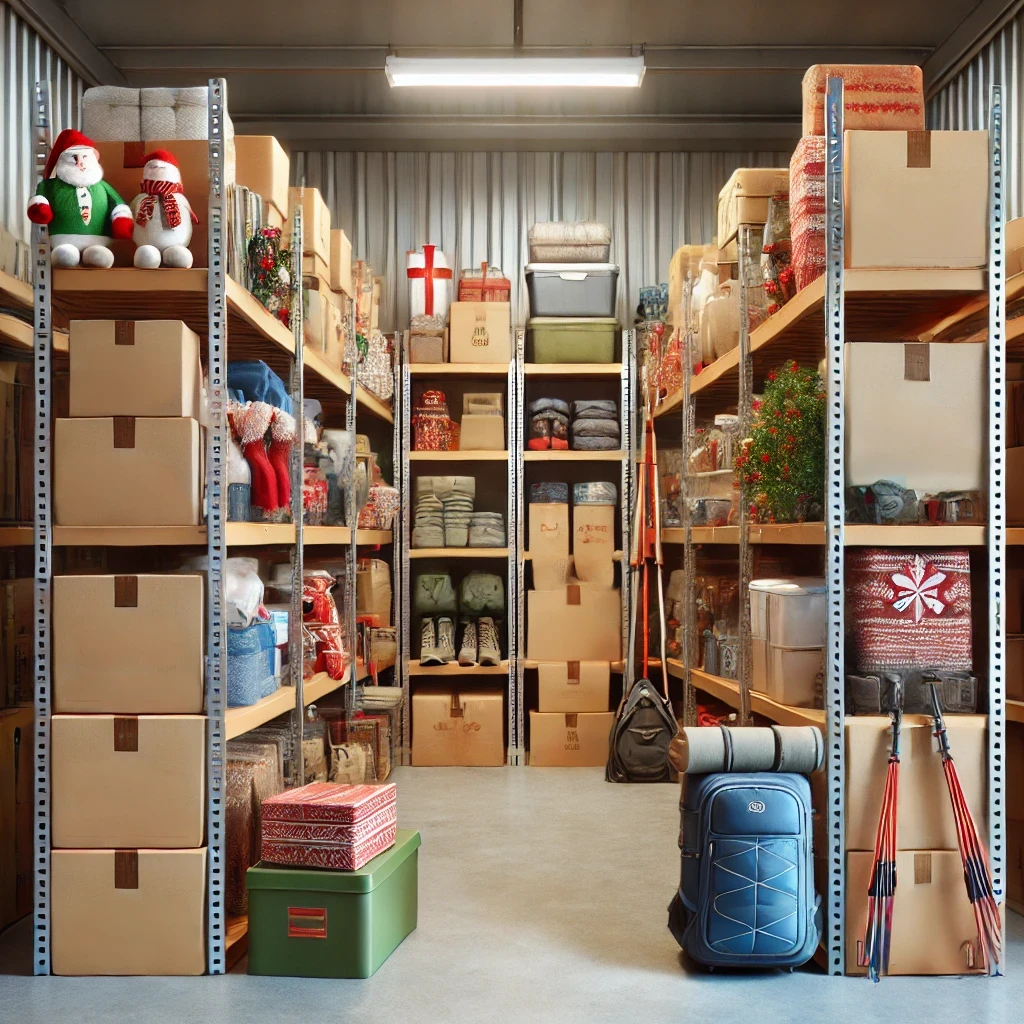 Berbagai barang liburan seperti dekorasi dan perlengkapan berkemah tersusun rapi di rak sewa gudang self storage.
