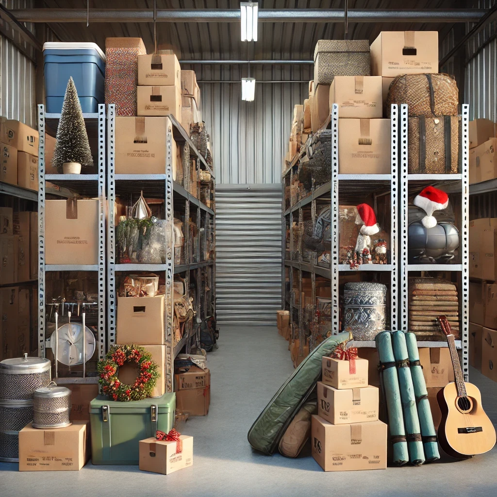 Various holiday items, such as decorations and camping gear, neatly organized on self-storage rental shelves.