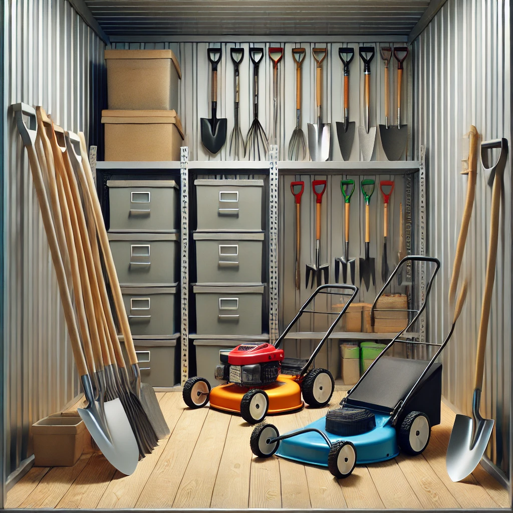 Alat-alat berkebun seperti sekop, cangkul, dan mesin pemotong rumput yang tersusun rapi di rak dan kontainer dalam unit sewa gudang self storage.