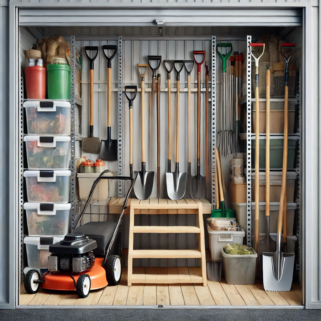 Gardening tools like shovels, hoes, and lawnmowers neatly organized on shelves and in containers within a self-storage rental unit.