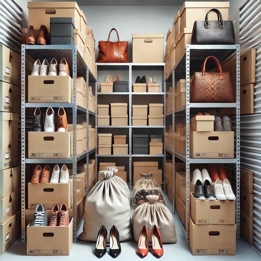 A row of storage shelves containing neatly organized shoes and bags in boxes and dust bags.