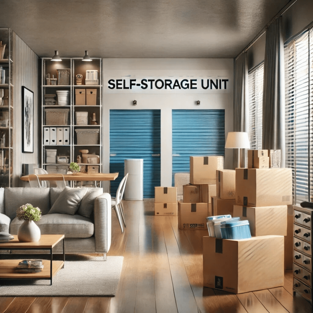 A tidy home with several boxes and appliances stored in a self-storage rental unit.