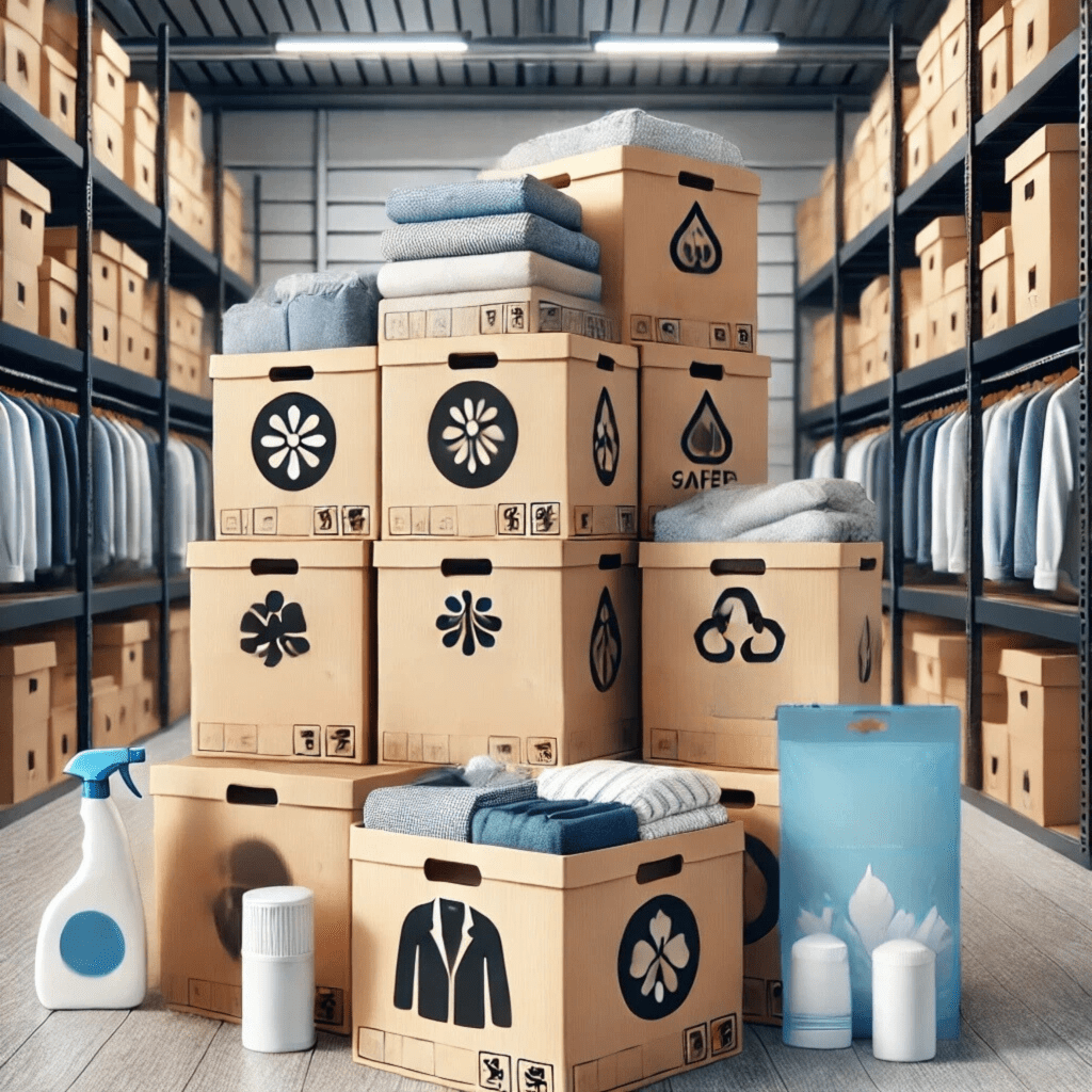 Labeled storage boxes neatly organized with clothes inside, complete with clothing fragrances and moisture absorbers.